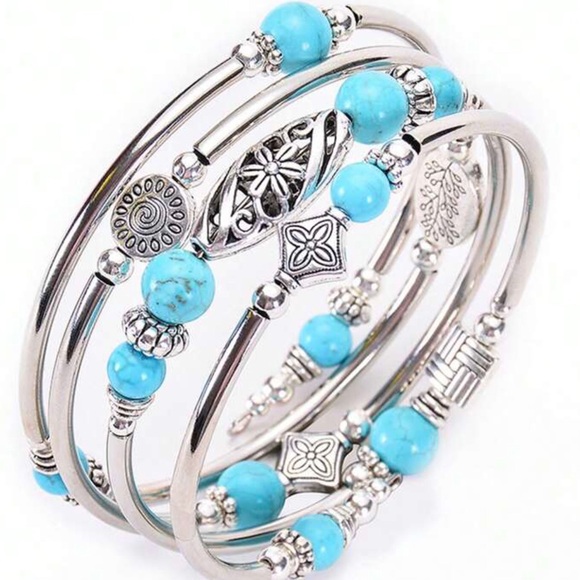 Womens Turquoise Beaded multi layered Silver Bracelet new - Picture 1 of 5